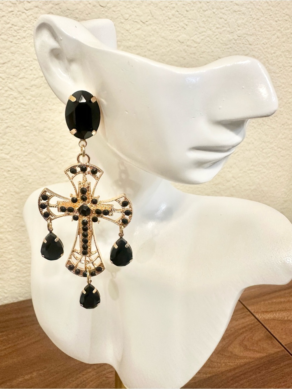 Fashion Jewelry Gold-Tone Cross Drop Earrings with Black Accents
